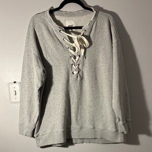 Aerie Heather Gray football Lace-Up Crew neck distressed Sweatshirt Size S
